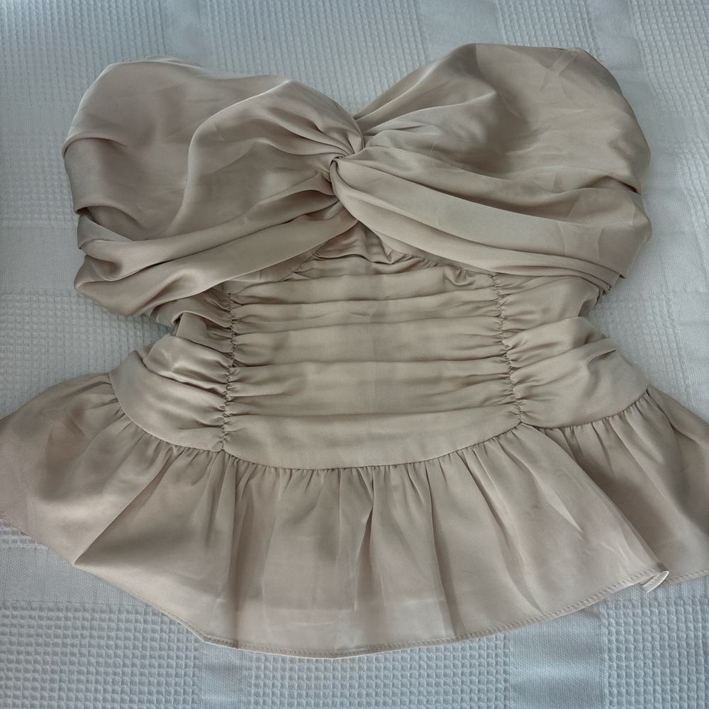 Champagne Satin Strapless Peplum Top